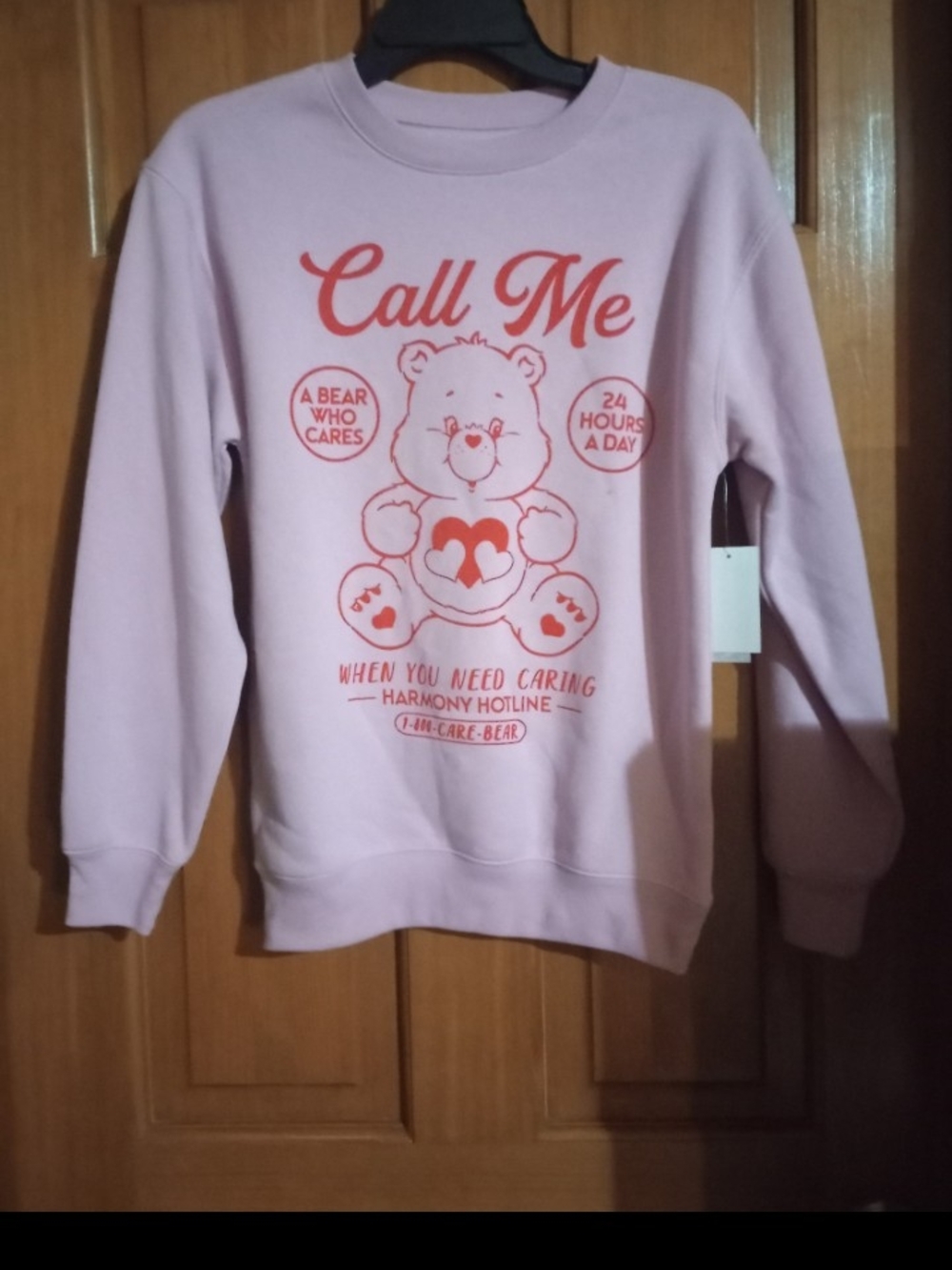 Care Bears Pink Crewneck Sweatshirt with Red Bear Graphic